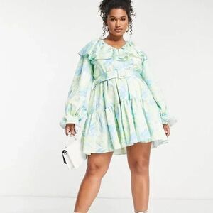 Women's ASOS LUXE Curve Marble V neck Belted Twill Smock Dress Size 22